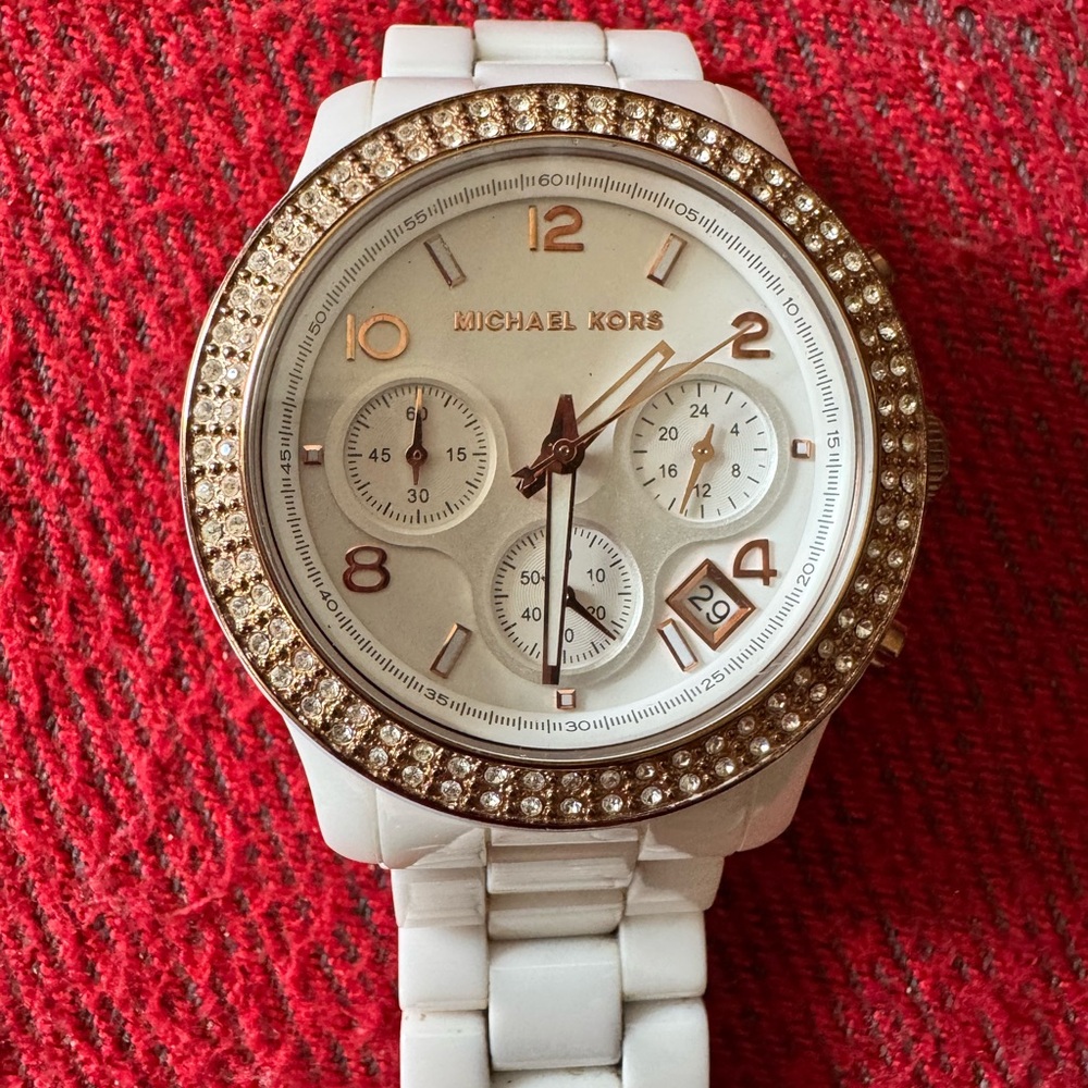 Michael Kors White and Rose Gold Crystal Bezel Chronograph Watch